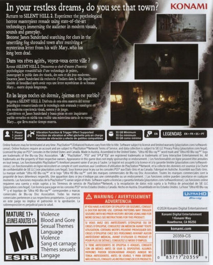 Silent Hill 2 PS5 game featuring psychological horror, atmospheric survival gameplay, and a chilling, story-driven experience on PlayStation 5 back cover art