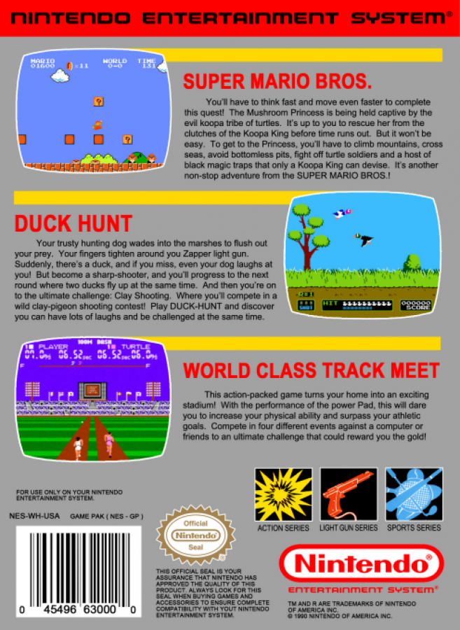 Super Mario Bros / Duck Hunt / World Class Track Meet back of box for Nintendo Entertainment System (NES) retro video game