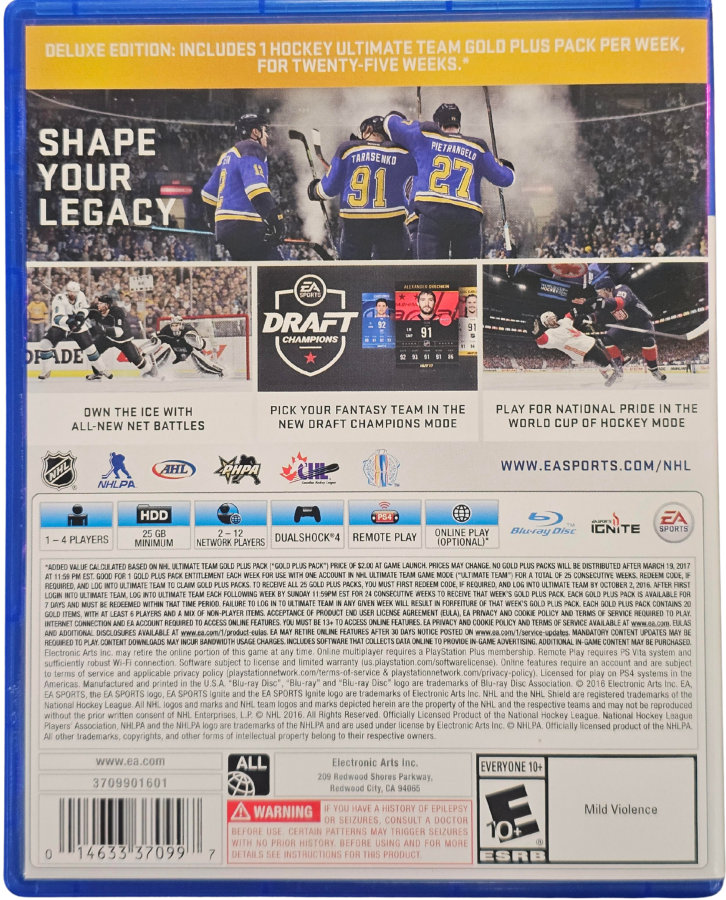 NHL 17 Deluxe Edition PlayStation 4 PS4 for retro video game enthusiasts featuring realistic hockey sports gameplay authentic NHL teams and players franchise mode career progression systems fast paced ice rink action simulation mechanics and competitive sports gaming experience and collectible gaming appeal back cover art