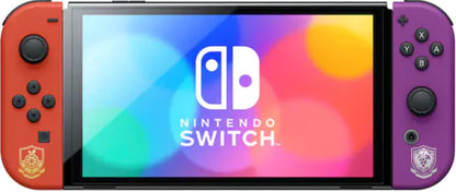 Nintendo Switch OLED Console Pokemon Scarlet and Violet Edition handheld hybrid gaming system with themed dock Joy Con controllers vibrant OLED screen limited edition Pokémon Scarlet and Violet design console set front