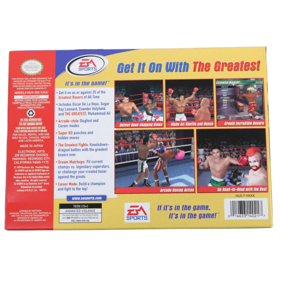 Knockout Kings 2000 game for the Nintendo 64 featuring boxing simulation gameplay with licensed fighters career mode training systems and realistic boxing matches including exhibition and championship bouts in a complete in box retail release format back cover