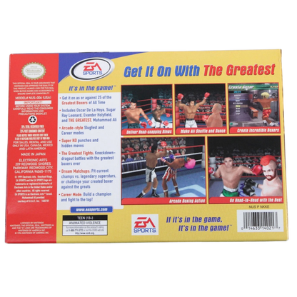 Knockout Kings 2000 game for the Nintendo 64 featuring boxing simulation gameplay with licensed fighters career mode training systems and realistic boxing matches including exhibition and championship bouts in a complete in box retail release format back cover