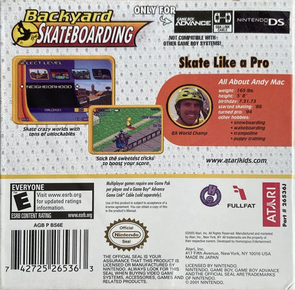 Backyard Skateboarding for Game Boy Advance with kid-friendly skateboarding action and trick-based gameplay back cover