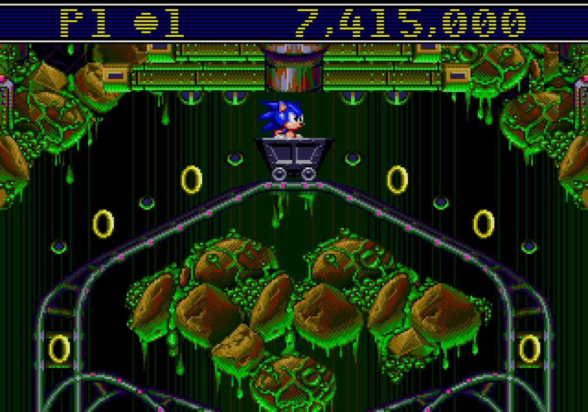 Sonic Spinball Sega Genesis arcade-style pinball game featuring Sonic the Hedgehog in fast-paced action levels gameplay