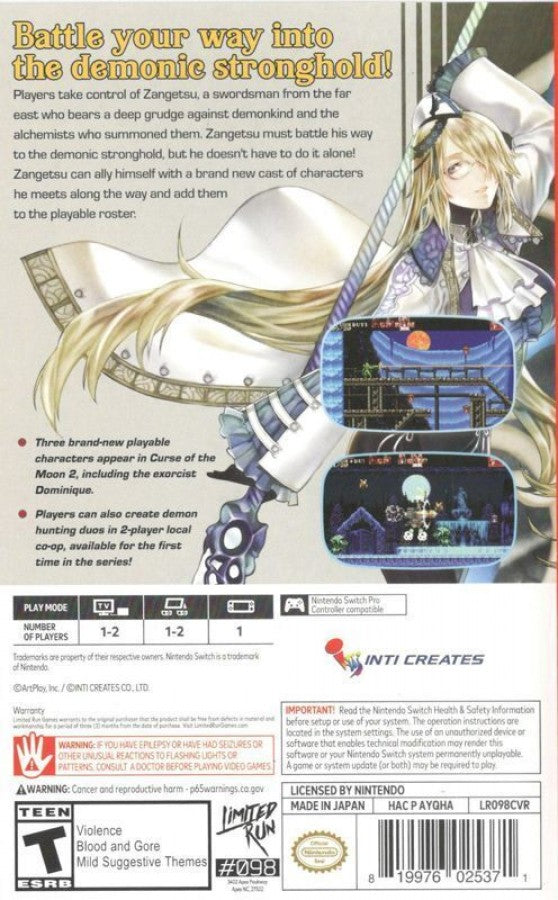 Bloodstained Curse of the Moon 2 Nintendo Switch for action platformer video game fans featuring classic side scrolling gameplay retro inspired visuals demon hunting adventures multiple playable characters challenging stages boss battles gothic fantasy environments 8 bit style action collectible gaming appeal back cover art