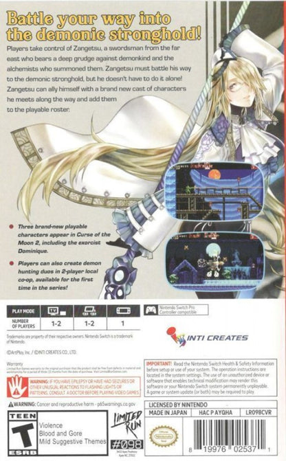 Bloodstained Curse of the Moon 2 Nintendo Switch for action platformer video game fans featuring classic side scrolling gameplay retro inspired visuals demon hunting adventures multiple playable characters challenging stages boss battles gothic fantasy environments 8 bit style action collectible gaming appeal back cover art