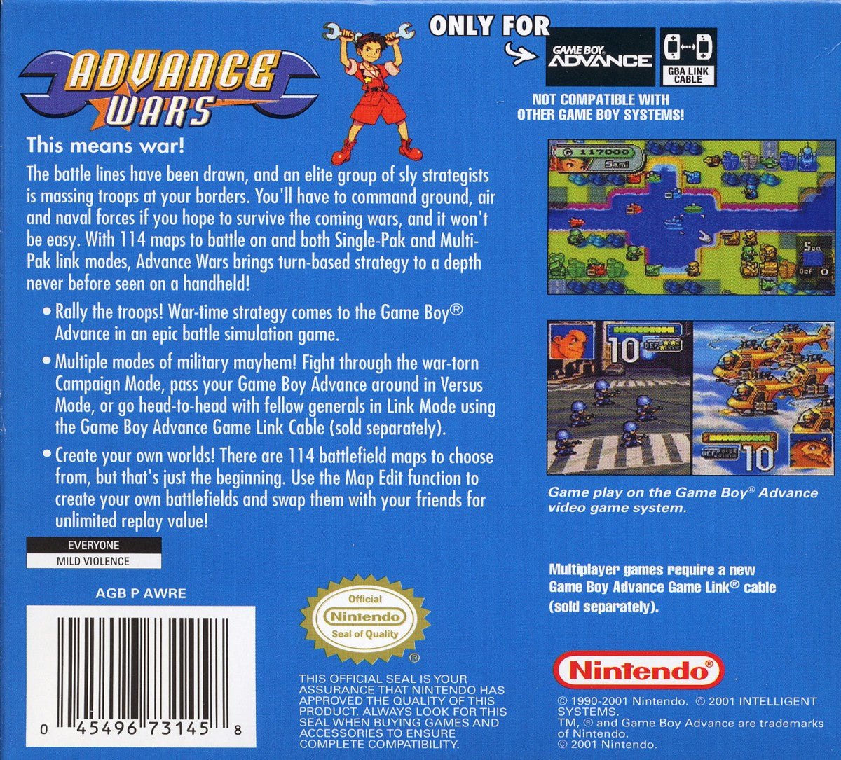 Advance Wars cartridge for the Game Boy Advance featuring turn based strategy gameplay with grid based combat commanding units resource management and campaign missions with colorful military commanders back cover art