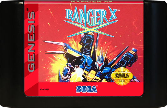 Ranger X Sega Genesis GEN for retro video game enthusiasts featuring side scrolling run and gun gameplay futuristic mech combat fast paced action challenging stages powerful weapon upgrades sci fi adventure and collectible gaming appeal cartridge 
