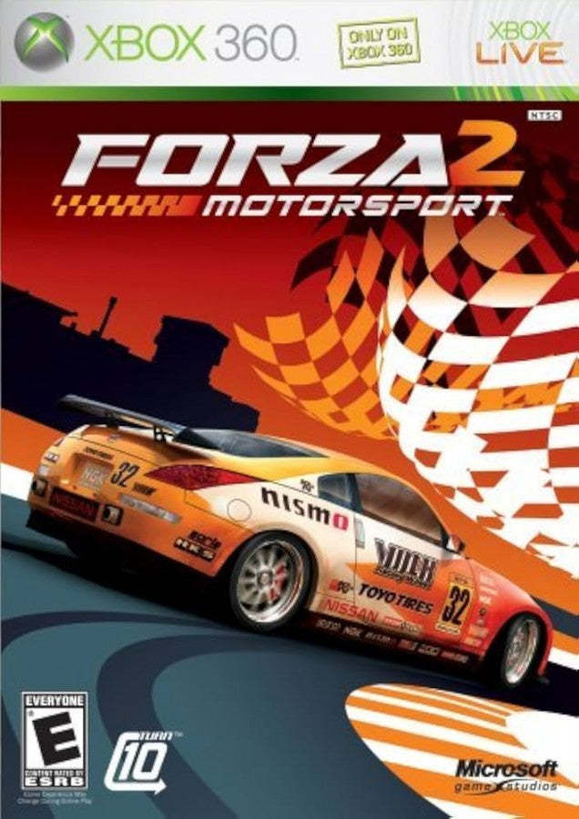 Forza Motorsport 2 game cover for Xbox 360 with a racing car and checkered flag design.