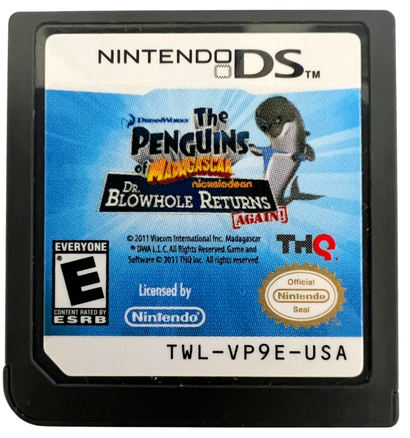 Penguins of Madagascar Dr Blowhole Returns for Nintendo DS, cartridge for an action-adventure video game with mission-based gameplay, mini-games, cartoon-style humor, and character-driven challenges