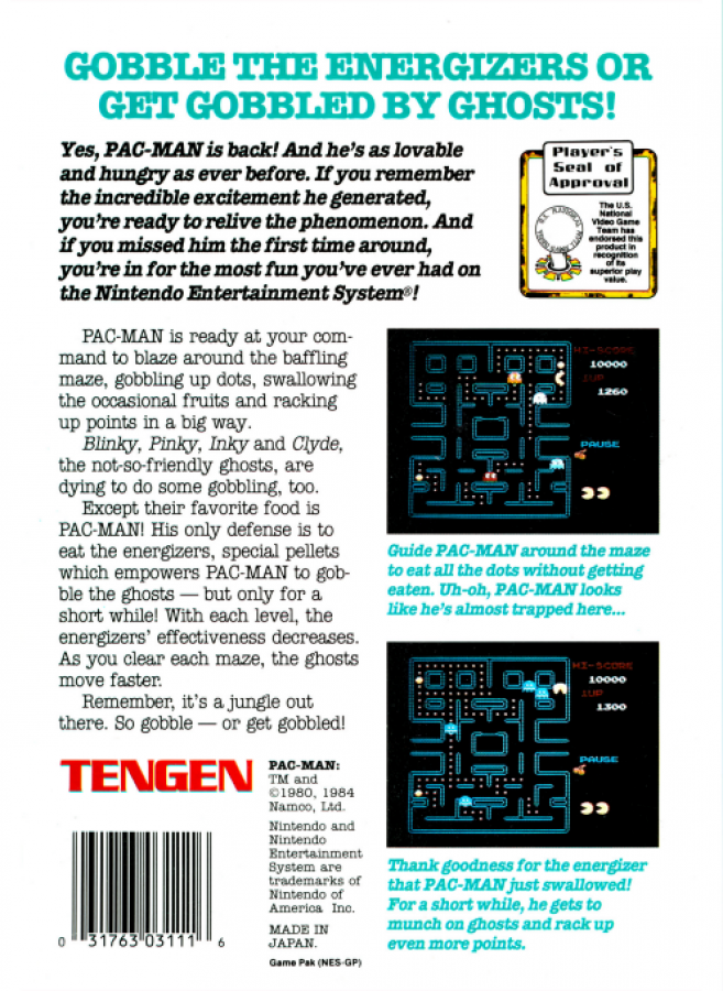 Pac-Man [Tengen][Black Cart] back of box for Nintendo Entertainment System (NES) retro video game