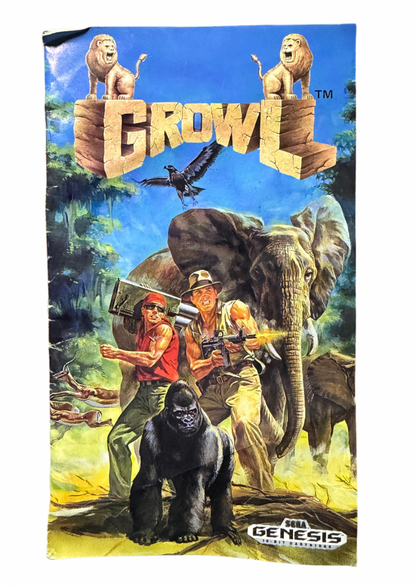 Growl Sega Genesis video game cartridge classic 16 bit arcade action game for retro gaming collectors Sega fans vintage video game enthusiasts Genesis game collection classic video games and retro gaming fans front of manual