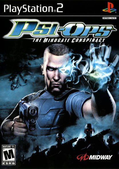 Psi-Ops The Mindgate Conspiracy PS2 Sony PlayStation 2 third person action shooter psychic powers telekinesis mind control fire manipulation stealth combat Midway Games sci fi conspiracy story driven gameplay retro gaming PlayStation 2 software video game title cover art