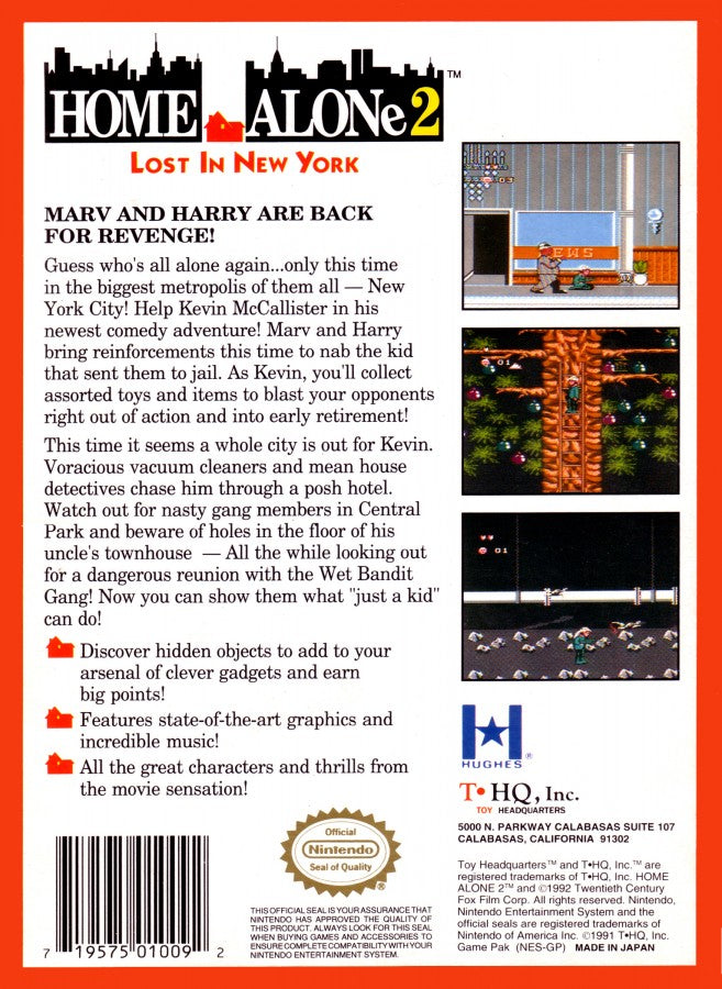 Home Alone 2 Lost in New York Nintendo Entertainment System NES for retro video game enthusiasts featuring action platforming gameplay movie inspired adventure trap setting mechanics enemy avoidance holiday themed challenges classic 8 bit gaming and collectible gaming appeal back cover