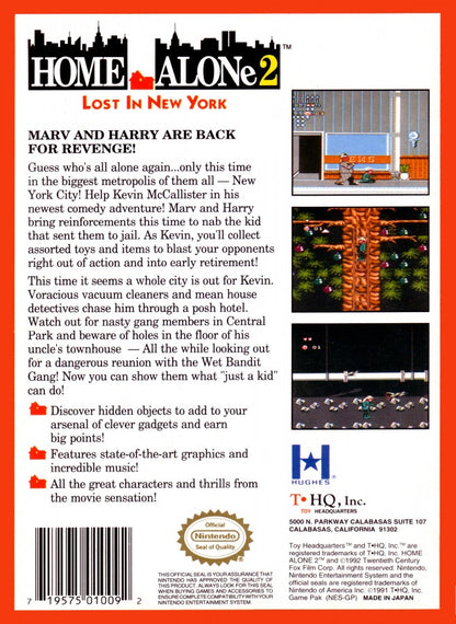 Home Alone 2 Lost in New York Nintendo Entertainment System NES for retro video game enthusiasts featuring action platforming gameplay movie inspired adventure trap setting mechanics enemy avoidance holiday themed challenges classic 8 bit gaming and collectible gaming appeal back cover