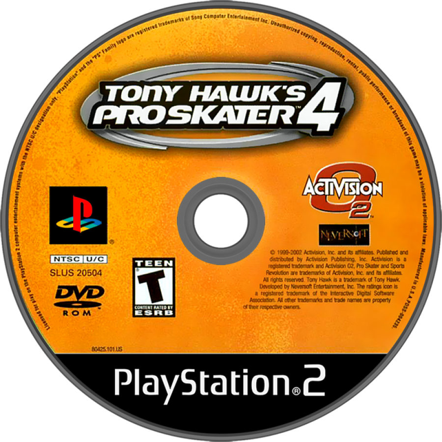 Tony Hawk's Pro Skater 4 PlayStation 2 PS2 video game featuring skateboarding action gameplay professional skaters trick combos grinding ramps skate parks career mode challenges high score objectives and classic 128 bit PlayStation 2 gameplay retro video game collection collectible gaming appeal disc