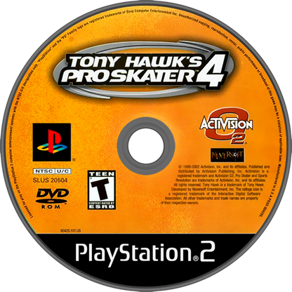Tony Hawk's Pro Skater 4 PlayStation 2 PS2 video game featuring skateboarding action gameplay professional skaters trick combos grinding ramps skate parks career mode challenges high score objectives and classic 128 bit PlayStation 2 gameplay retro video game collection collectible gaming appeal disc