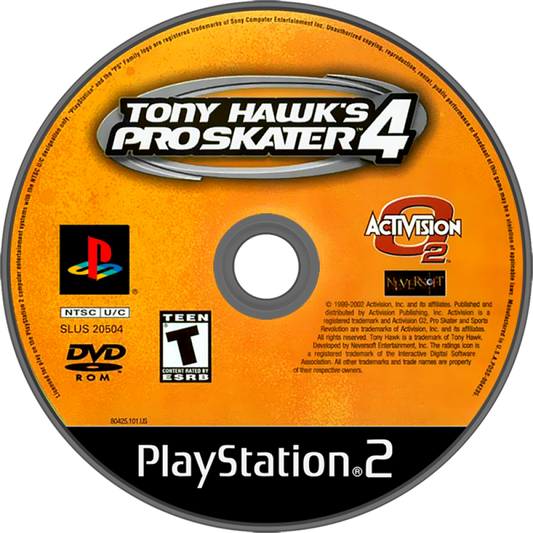 Tony Hawk's Pro Skater 4 PlayStation 2 PS2 video game featuring skateboarding action gameplay professional skaters trick combos grinding ramps skate parks career mode challenges high score objectives and classic 128 bit PlayStation 2 gameplay retro video game collection collectible gaming appeal disc