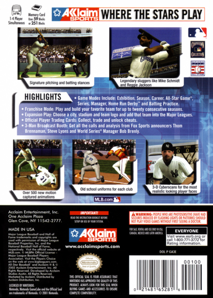 All-Star Baseball 2003 back cover art for GameCube game featuring realistic baseball simulation gameplay and official MLB teams