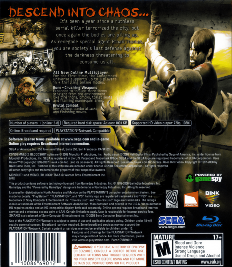 Condemned 2 Bloodshot PlayStation 3 horror action game back cover art