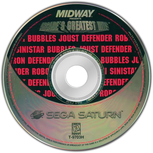 Williams Greatest Arcade Hits Sega Saturn arcade compilation collection classic Williams titles including Joust Robotron 2084 Defender Stargate arcade ports retro gaming compilation Sega Saturn software video game title disc