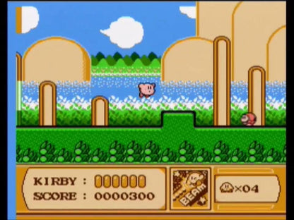 Kirby's Adventure cartridge for the Nintendo Entertainment System featuring Kirby in a colorful 8 bit side scrolling platformer with copy abilities and dream world exploration gameplay