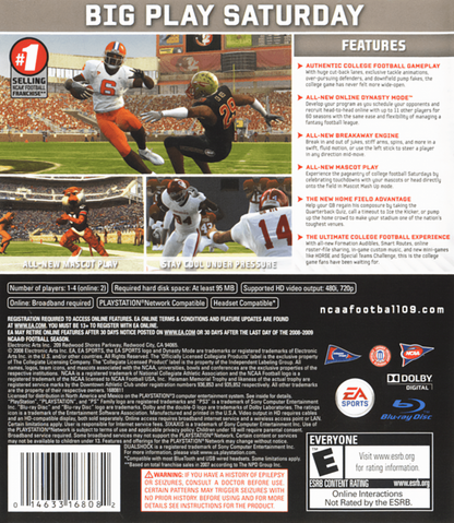 NCAA Football 09 back cover art for PlayStation 3 PS3 video game
