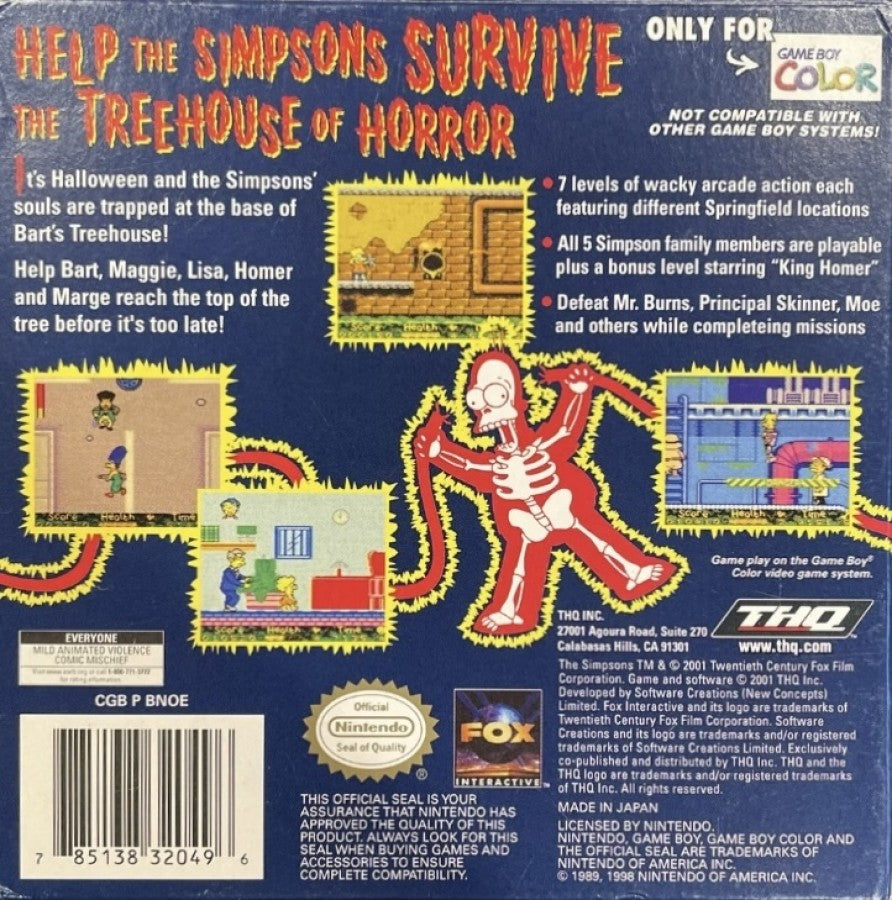 The Simpsons Night of the Living Treehouse of Horror for Game Boy Color, back of case for a platformer video game with side-scrolling gameplay, Halloween-themed levels, character-based challenges, and cartoon-style action