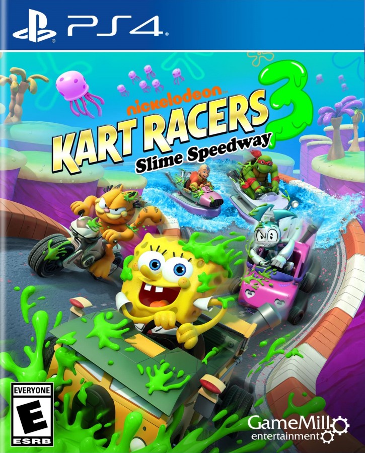 Nickelodeon Kart Racers 3: Slime Speedway – PlayStation 4 (PS4) video game cover art, cartoon character kart racing game.