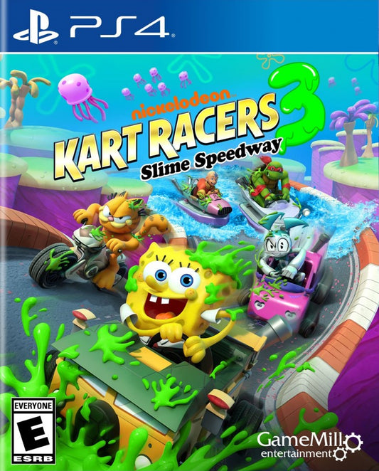Nickelodeon Kart Racers 3: Slime Speedway – PlayStation 4 (PS4) video game cover art, cartoon character kart racing game.