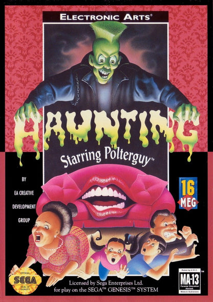 Haunting Starring Polterguy Sega Genesis GEN for retro video game enthusiasts featuring action puzzle gameplay mischievous ghost antics haunted house exploration object possession mechanics humorous supernatural challenges unique horror themed adventure and collectible gaming appeal cover art 