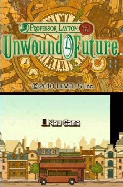 Professor Layton and the Unwound Future Nintendo DS puzzle adventure game solving brain teasers time travel mystery London story title screen