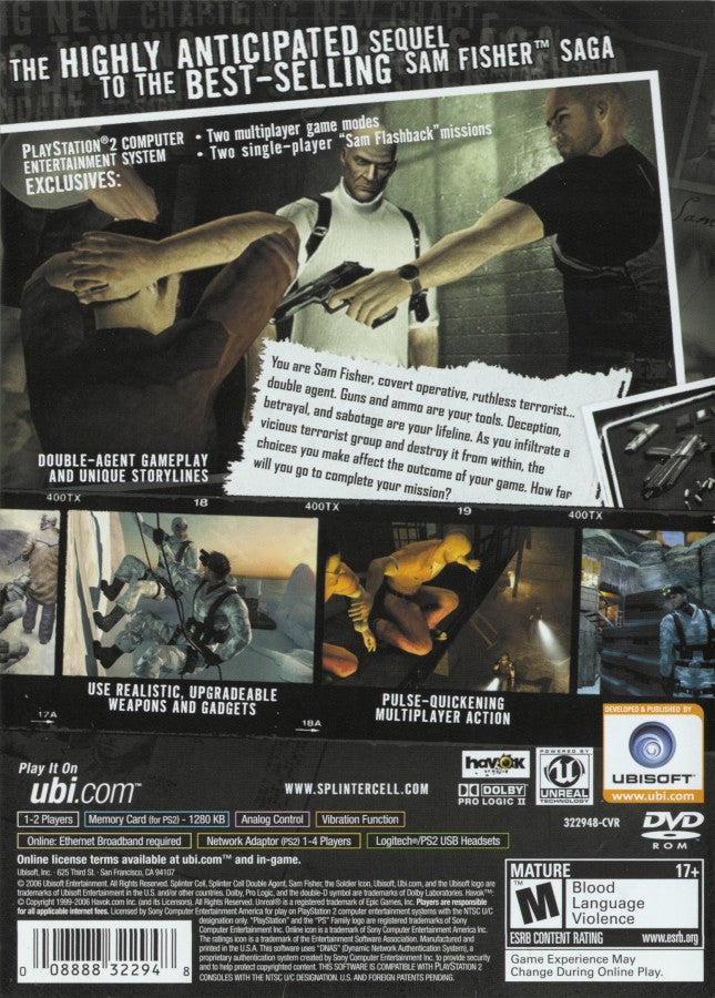 Tom Clancys Splinter Cell Double Agent PlayStation 2 retro video game stealth action back of case (2006)