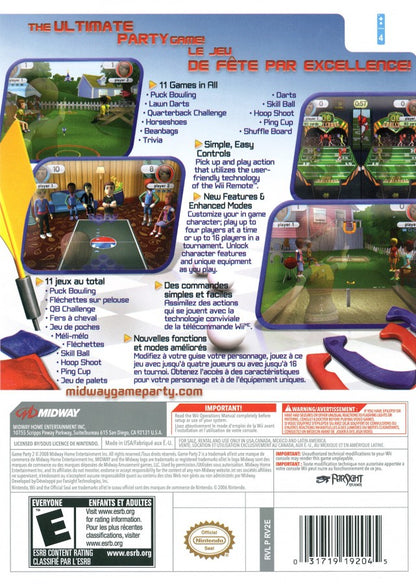 Game Party 2 game for the Nintendo Wii featuring party style mini games including darts hoop shoot horseshoes and bean bag toss with motion controls multiplayer modes and a variety of casual arcade and backyard style activities for up to four players
back cover art