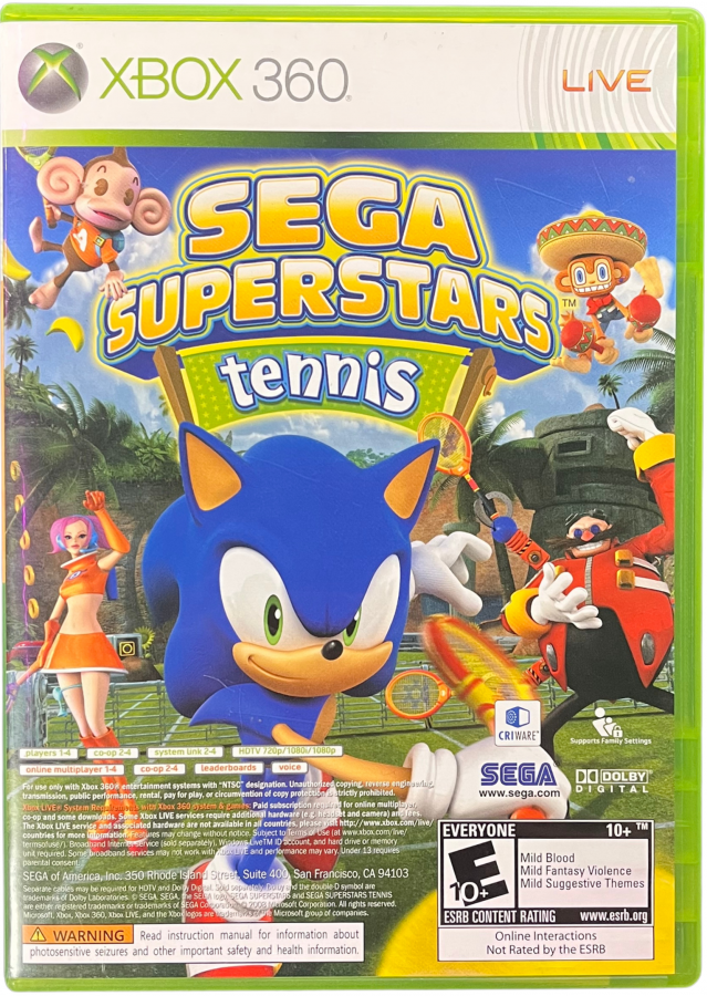 Sega Superstars Tennis and Xbox Live Arcade Xbox 360 inspired design featuring arcade sports and classic gaming collection aesthetic iconic Sega characters colorful tennis competition downloadable arcade favorites fast paced multiplayer action family friendly entertainment nostalgic HD era presentation cover art 