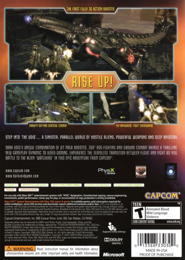 Dark Void back of case for Xbox 360 (X360) sci-fi action shooter video game