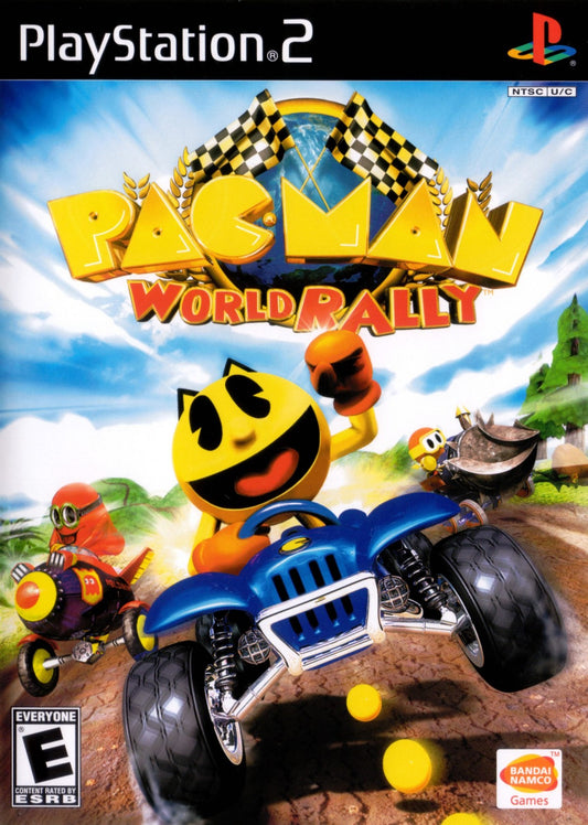 Pac-Man World Rally for PlayStation 2 kart racing video game featuring Pac-Man and Namco characters colorful tracks arcade style racing power ups and fast paced family friendly competition experience front cover 