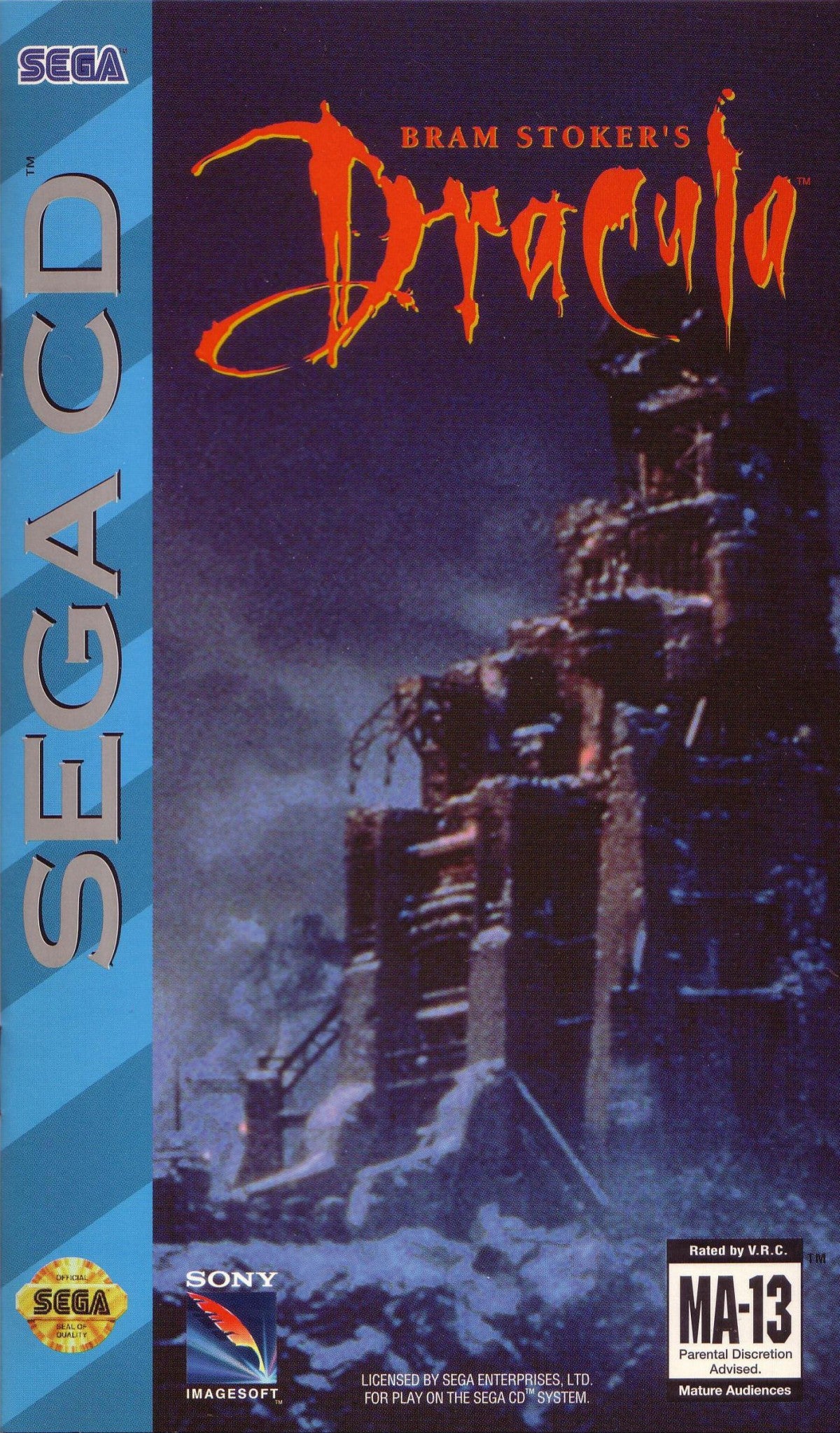 Bram Stokers Dracula Sega CD action platformer movie tie in based on film gothic horror vampire combat side scrolling gameplay castle exploration enemies boss battles cinematic FMV cutscenes retro gaming Sega CD software video game title cover art