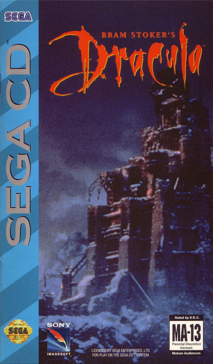 Bram Stokers Dracula Sega CD action platformer movie tie in based on film gothic horror vampire combat side scrolling gameplay castle exploration enemies boss battles cinematic FMV cutscenes retro gaming Sega CD software video game title cover art