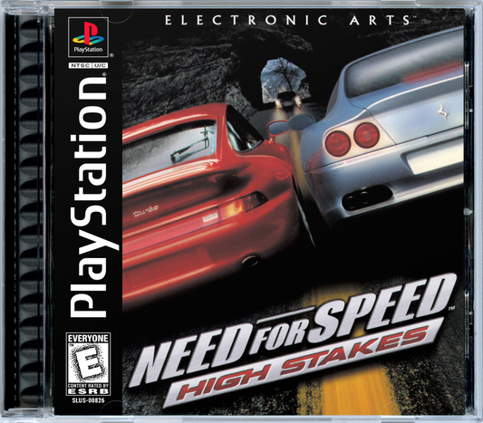 Need for Speed High Stakes game for the PlayStation featuring arcade style racing gameplay with exotic cars police pursuits career progression damage modeling and high risk betting mechanics across varied tracks and race modes cover art