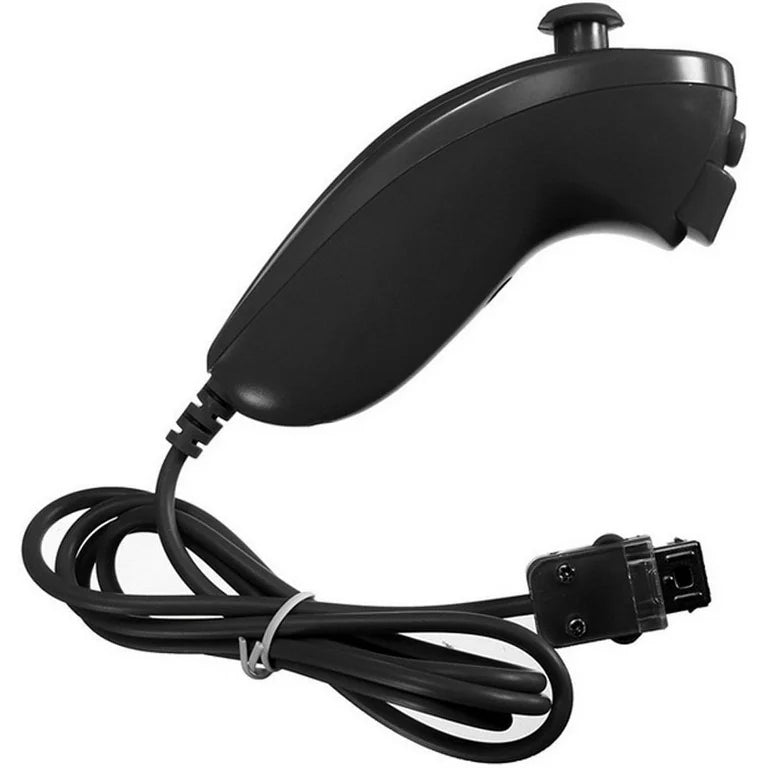 Official OEM Nintendo Wii U Nunchuk controller accessory in black complete in box CIB for motion-controlled gaming side profile with bundled wire
