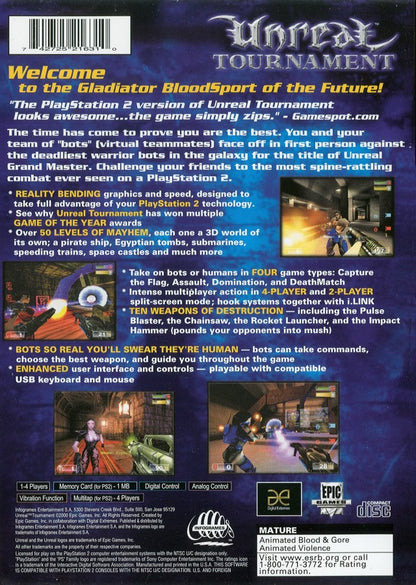Unreal Tournament PlayStation 2 PS2 for first person shooter video game fans featuring fast paced arena combat futuristic weapons intense multiplayer battles single player tournament mode competitive gameplay sci fi environments classic FPS action collectible gaming appeal back cover art