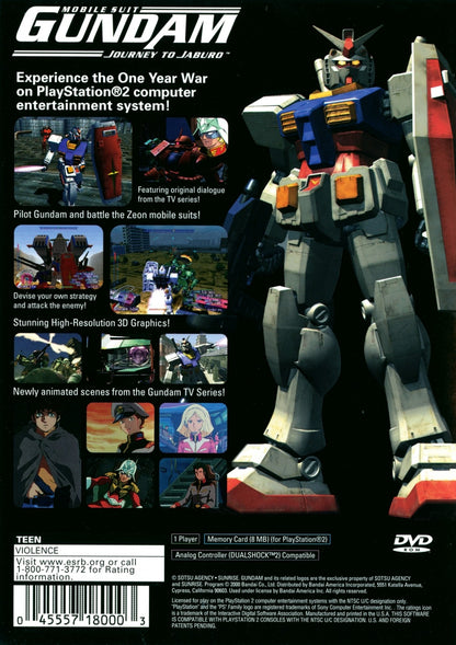 Retro Mobile Suit Gundam Journey to Jaburo PS2 inspired design featuring classic anime mech combat aesthetic vintage PlayStation 2 Earth Federation military campaign mobile suit battles ground warfare sci fi action cinematic Gundam storytelling nostalgic gameplay presentation- back of case