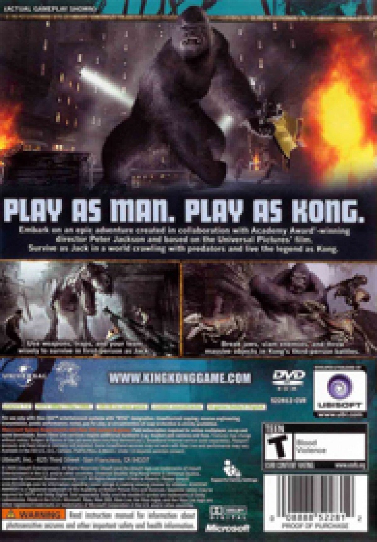 Peter Jackson's King Kong Xbox 360 action adventure video game featuring King Kong and Jack Driscoll jungle exploration giant creatures intense combat survival gameplay cinematic environments platforming challenges and classic Xbox 360 gaming collectible retro gaming appeal back