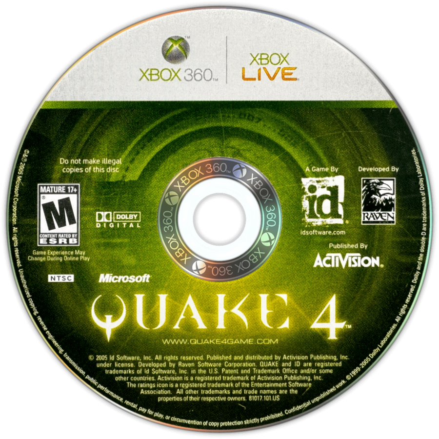 Quake 4 disc for Xbox 360 (X360) sci-fi first-person shooter video game
