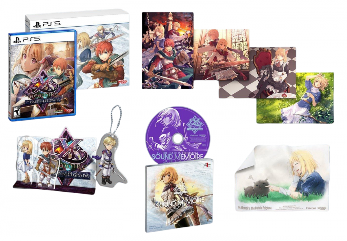 Ys Memoire The Oath in Felghana Refined Edition PlayStation 5 PS5 for action role playing video game fans featuring fast paced combat dungeon exploration challenging bosses character progression fantasy adventure remastered visuals enhanced music classic Ys gameplay and Refined Edition collectible content gaming appeal keychain postcards OST soundtrack towel cloth