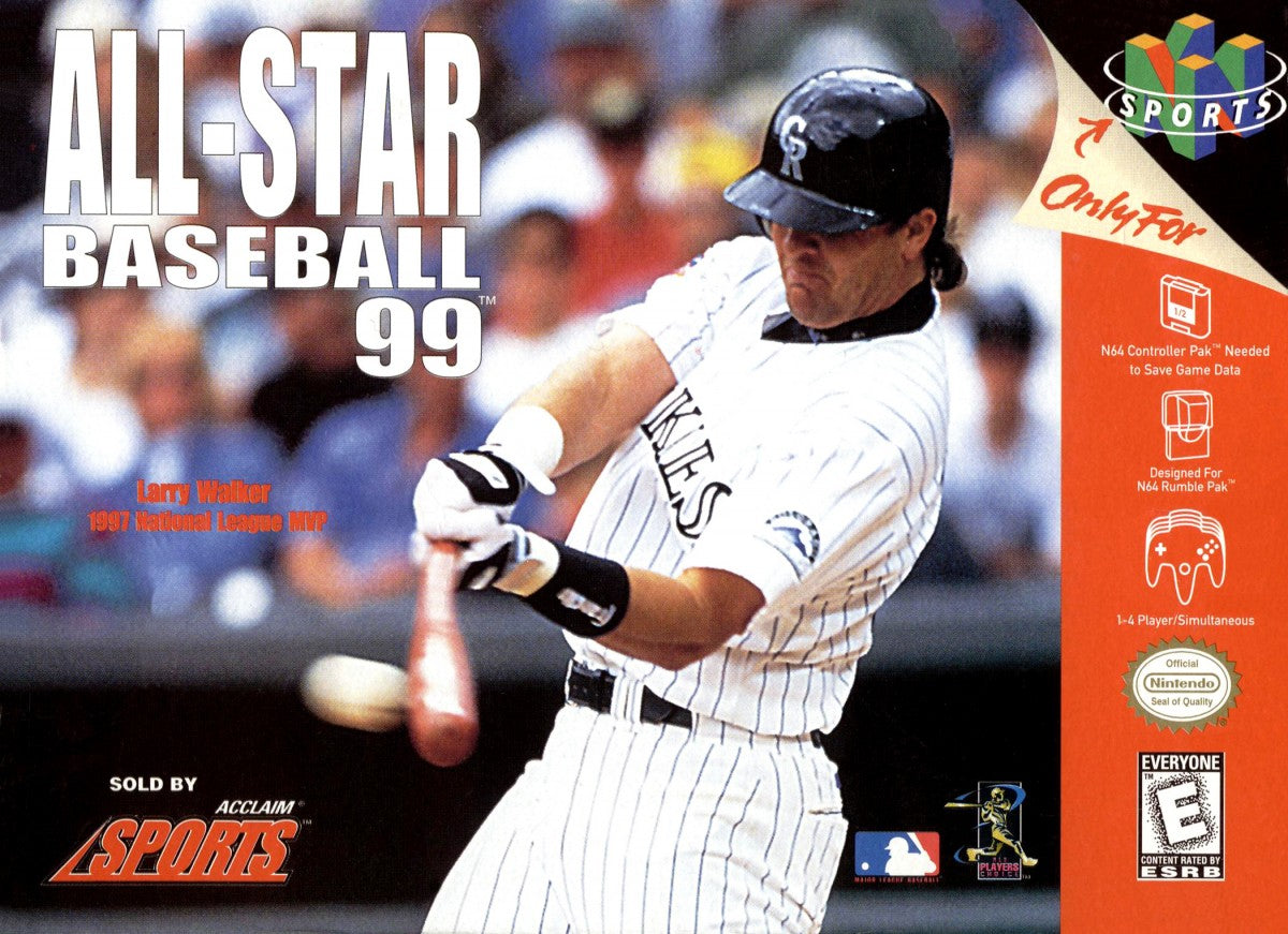 All-Star Baseball 99 game for the Nintendo 64 featuring baseball simulation gameplay with realistic MLB teams season modes batting and pitching mechanics and fielding controls in a complete in box retail release format front cover  