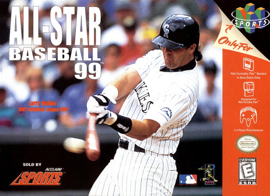 All-Star Baseball 99 game for the Nintendo 64 featuring baseball simulation gameplay with realistic MLB teams season modes batting and pitching mechanics and fielding controls in a complete in box retail release format front cover  