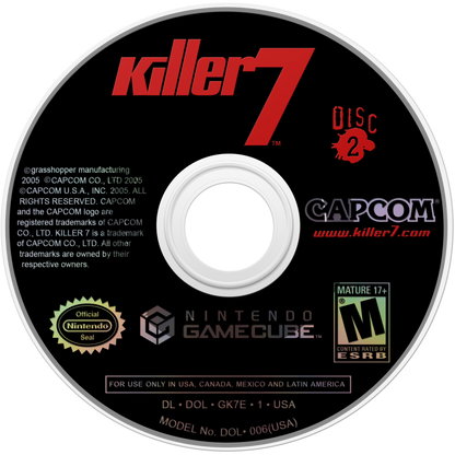 Killer7 Nintendo GameCube GCN for action adventure video game fans featuring stylish cel shaded visuals psychological thriller storyline first person shooting puzzle solving multiple playable assassins unique gameplay mechanics surreal atmosphere cult classic Capcom adventure collectible gaming appeal disc 2