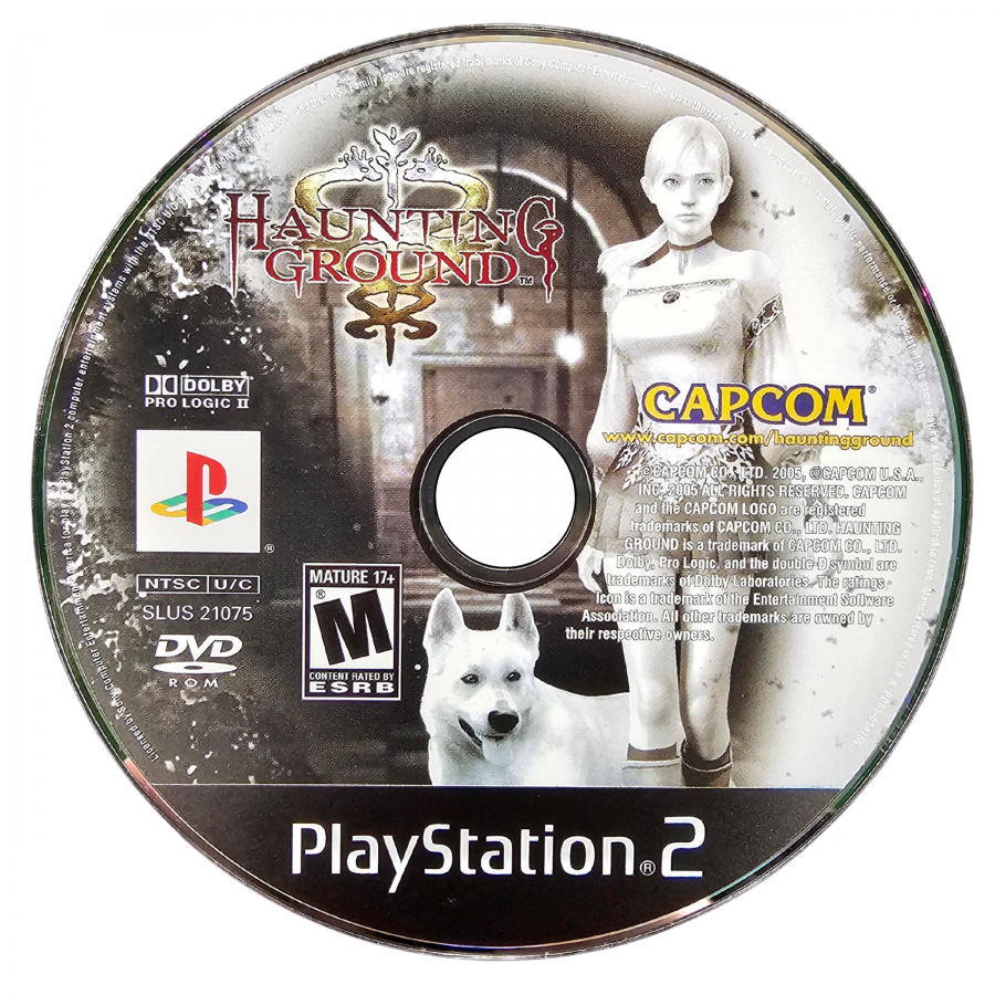 Haunting Ground PlayStation 2 PS2 survival horror video game featuring Fiona Belli exploration of a mysterious castle stealth gameplay puzzle solving terrifying enemies survival mechanics companion dog Hewie atmospheric environments and classic PlayStation 2 PS2 gameplay collectible retro gaming appeal game disc
